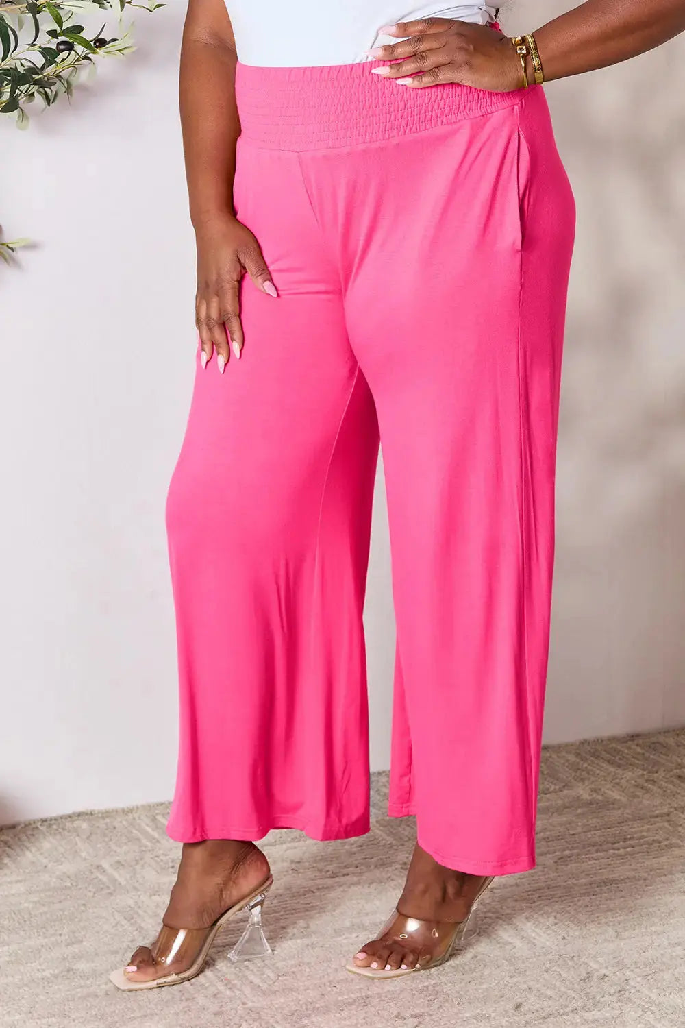 Basic Bae Full Size Smocked Wide Waistband Wide Leg Pants - Love Salve